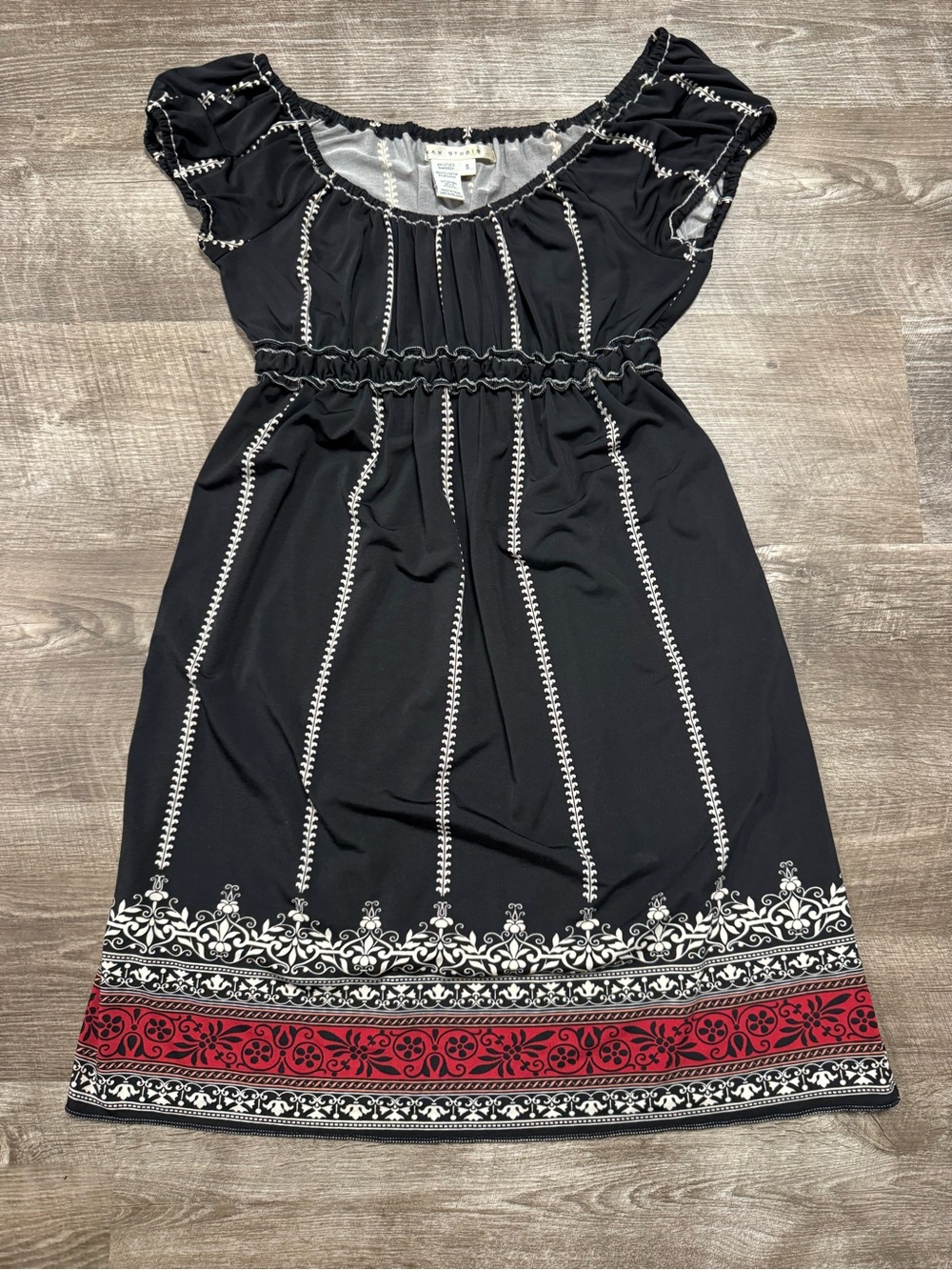 Max Studio Black Dress with White Stitching and Red Border